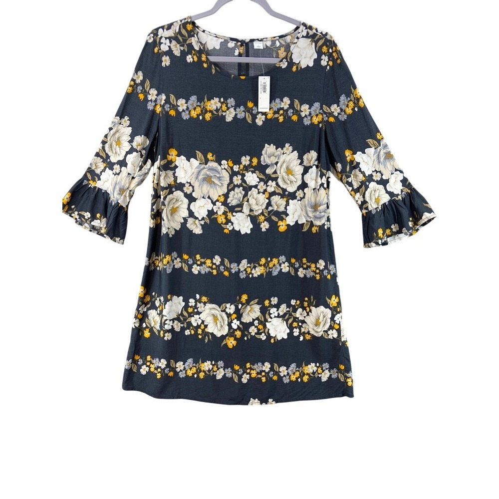 NWT Old Navy Floral Shift Dress Women Large Navy Blue Ruffle 3/4 Sleeve Boho